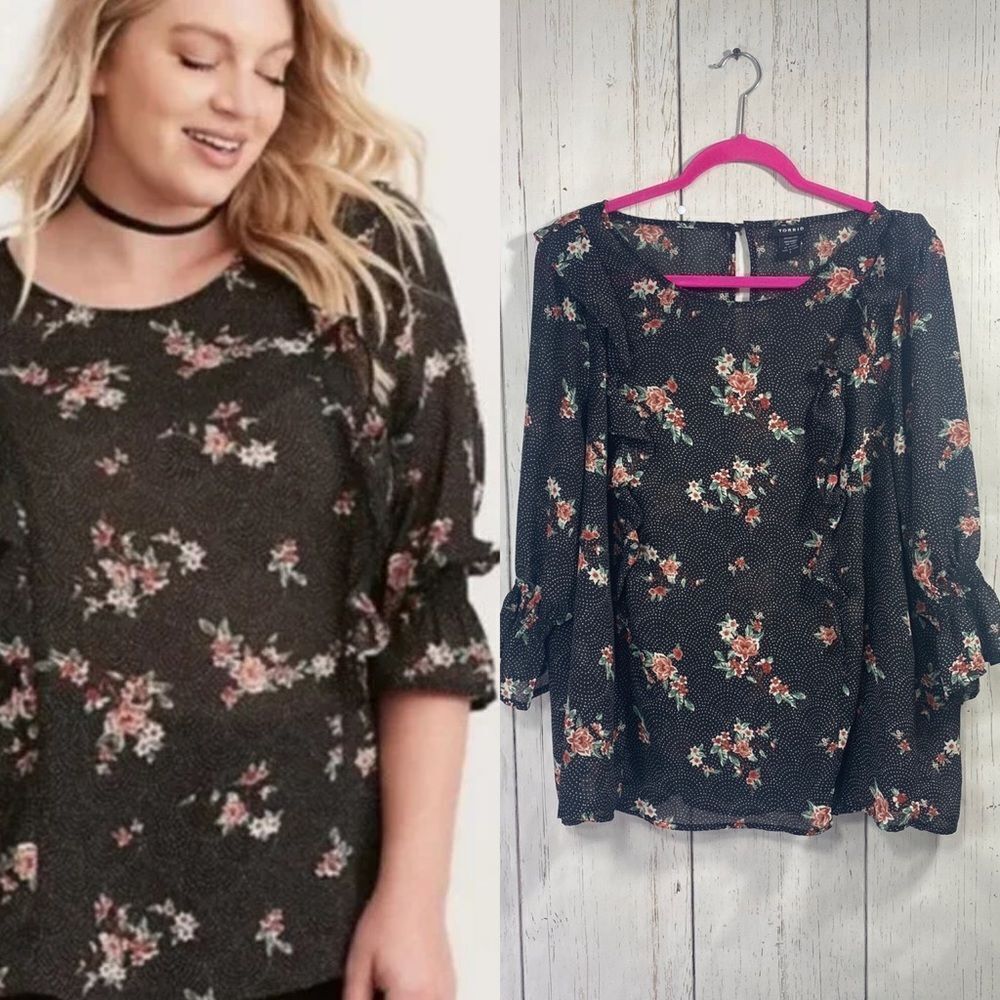 Torrid Floral Dot Print Chiffon Ruffled Smocked Bell Sleeve Top Blouse